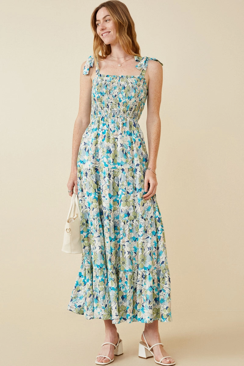 Bless Touch Floral Smocked Bodice Tie Shoulder Dress