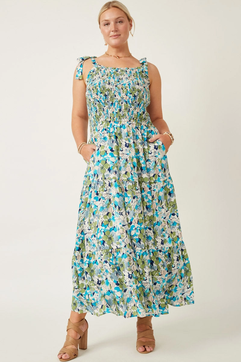 Vibrant Aesthetic Versatile Cut Floral Smocked Bodice Tie Shoulder Dress