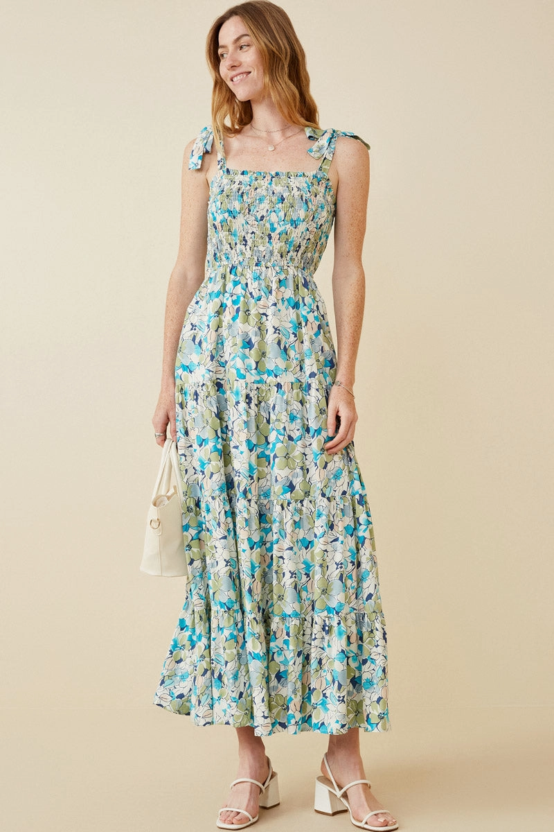 Floral Smocked Bodice Tie Shoulder Dress Lace-Sleeve