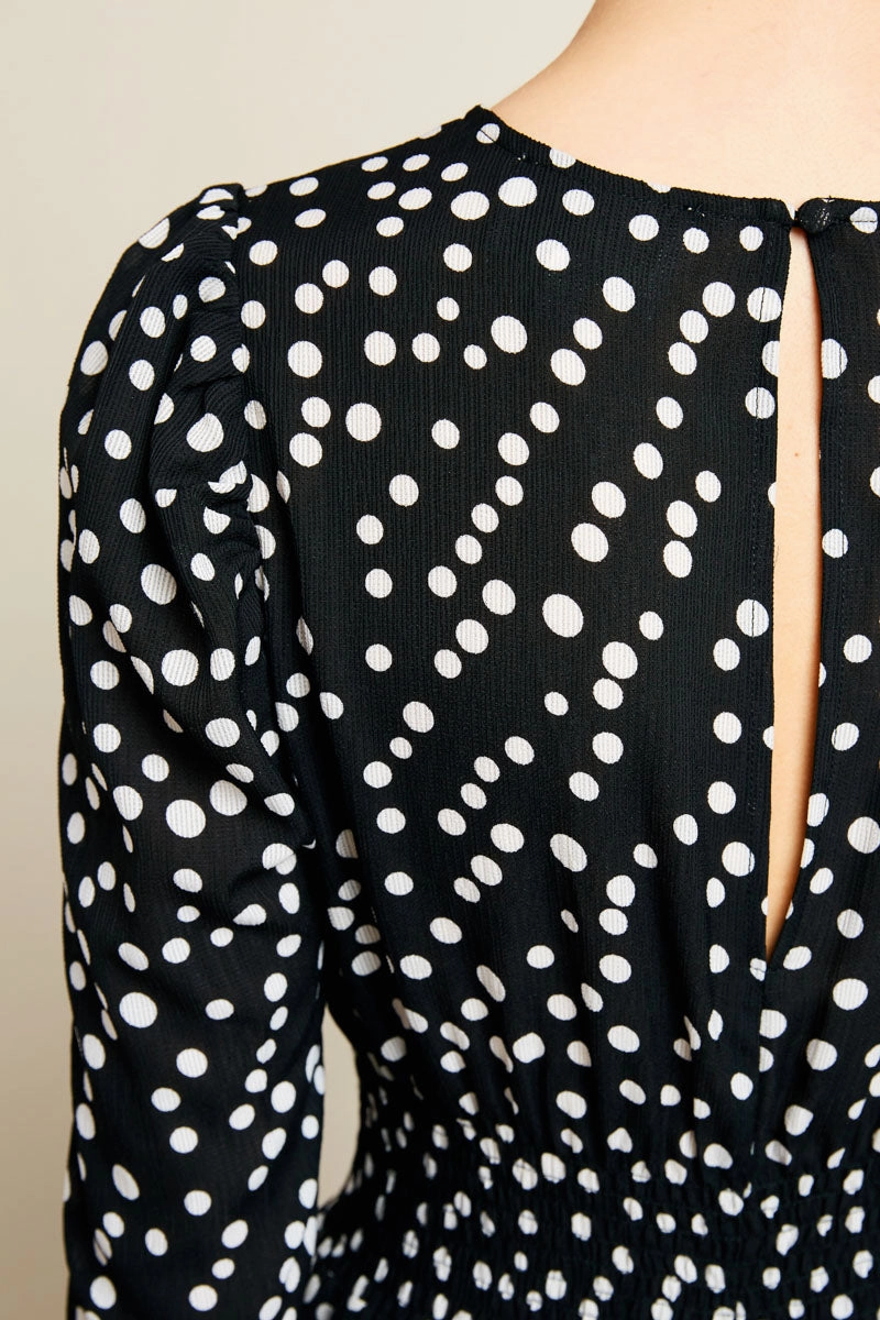 Layered-Look Whimsical Mood Retro Polka Dot Midi Dress With Gathered Sleeves