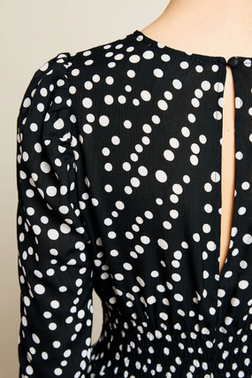 Retro Polka Dot Midi Dress With Gathered Sleeves Pocket-Detail Airy Comfort