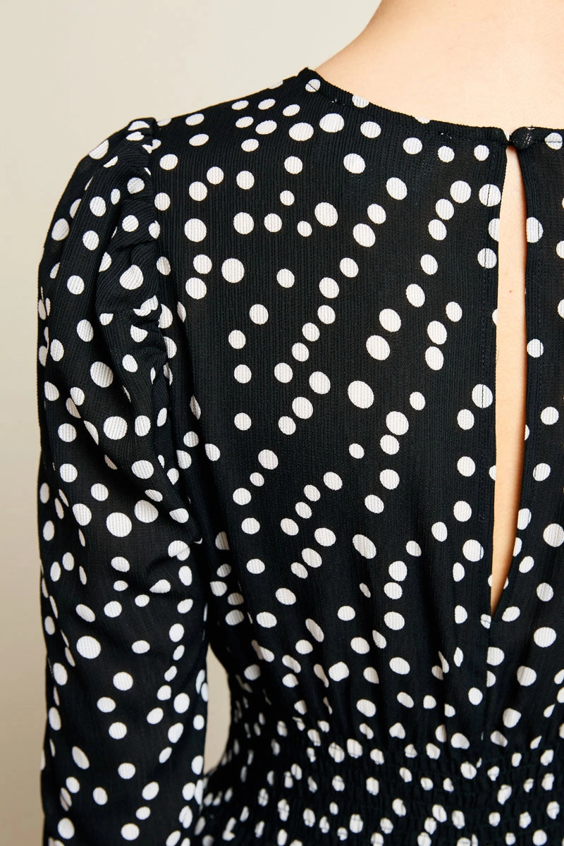 Effortless Pair Retro Polka Dot Midi Dress With Gathered Sleeves