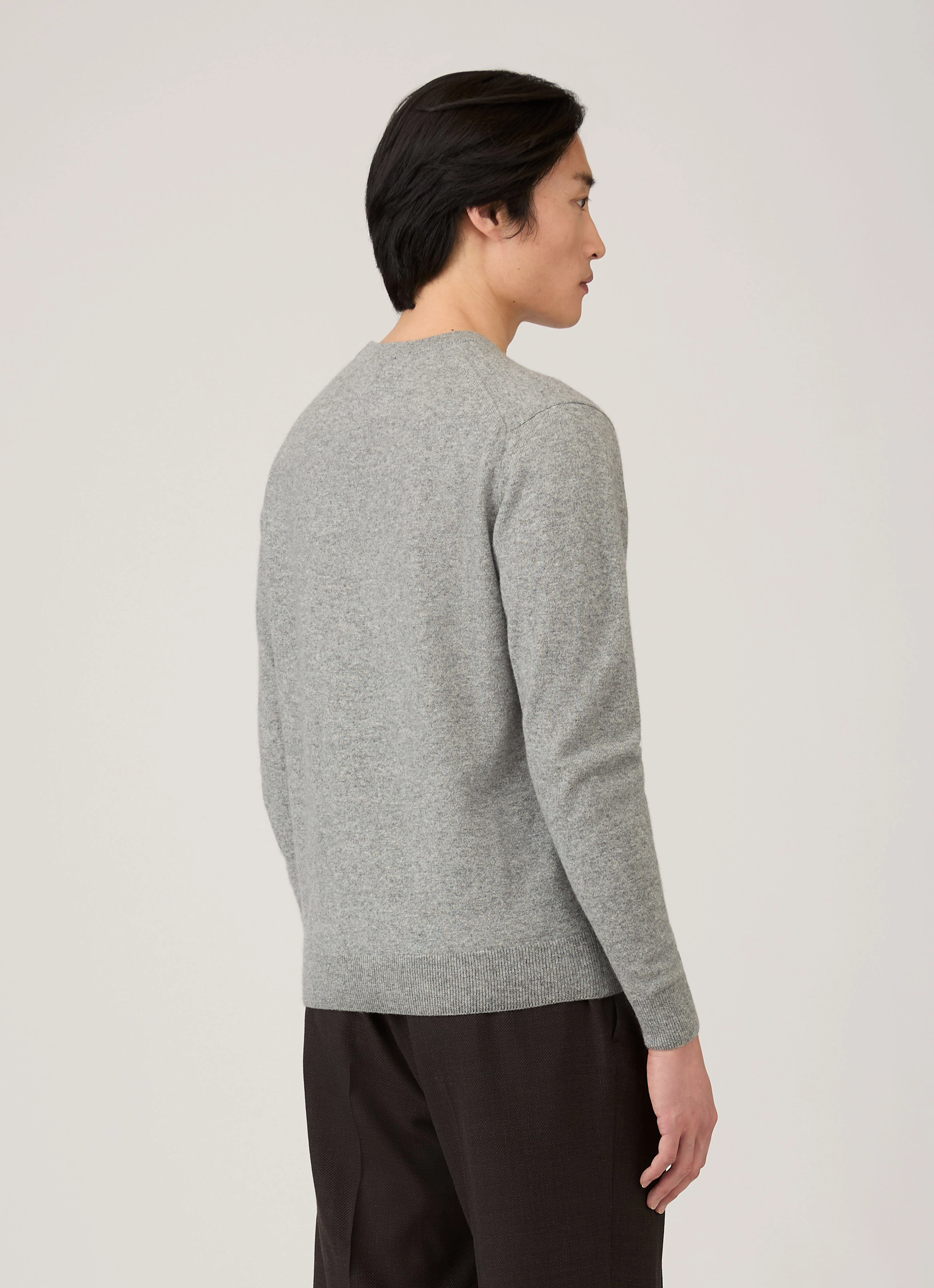 Ribbed cuff Men's Cashmere Crew Neck Jumper in Grey Melange