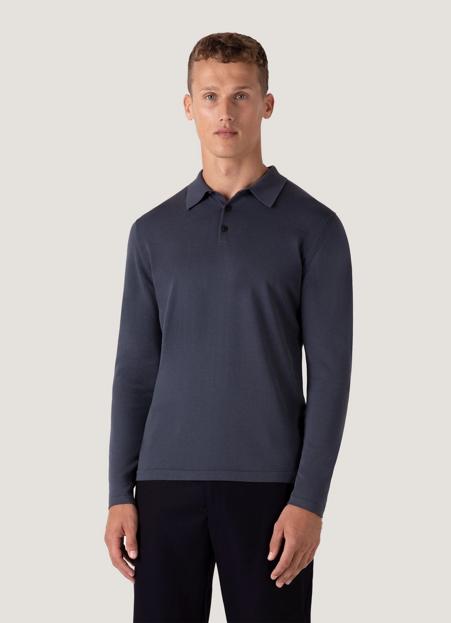 Ribbed cuff Men's Long Sleeve Sea Island Cotton Knit Polo Shirt in Slate Blue