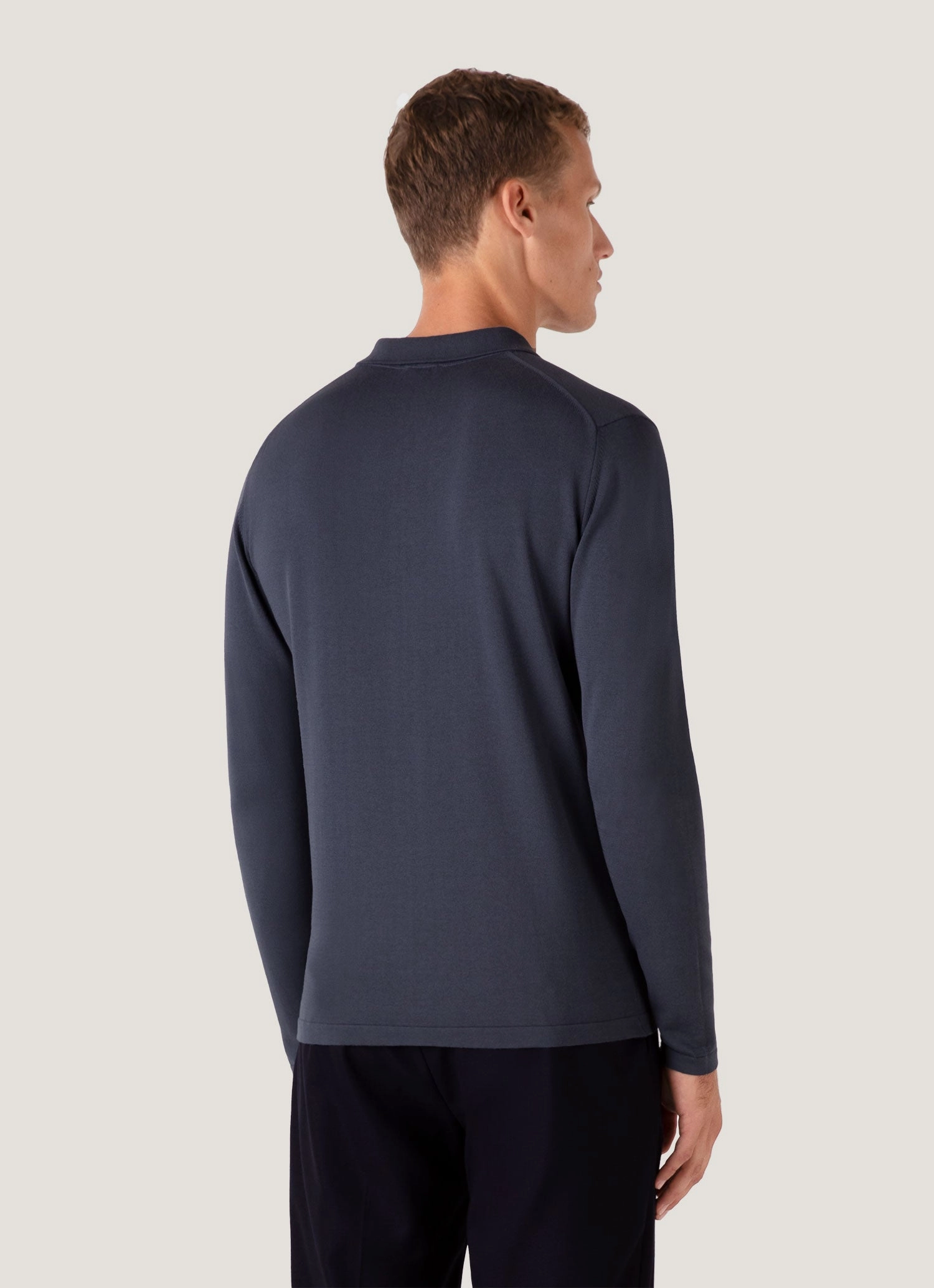 Ribbed cuff Men's Long Sleeve Sea Island Cotton Knit Polo Shirt in Slate Blue