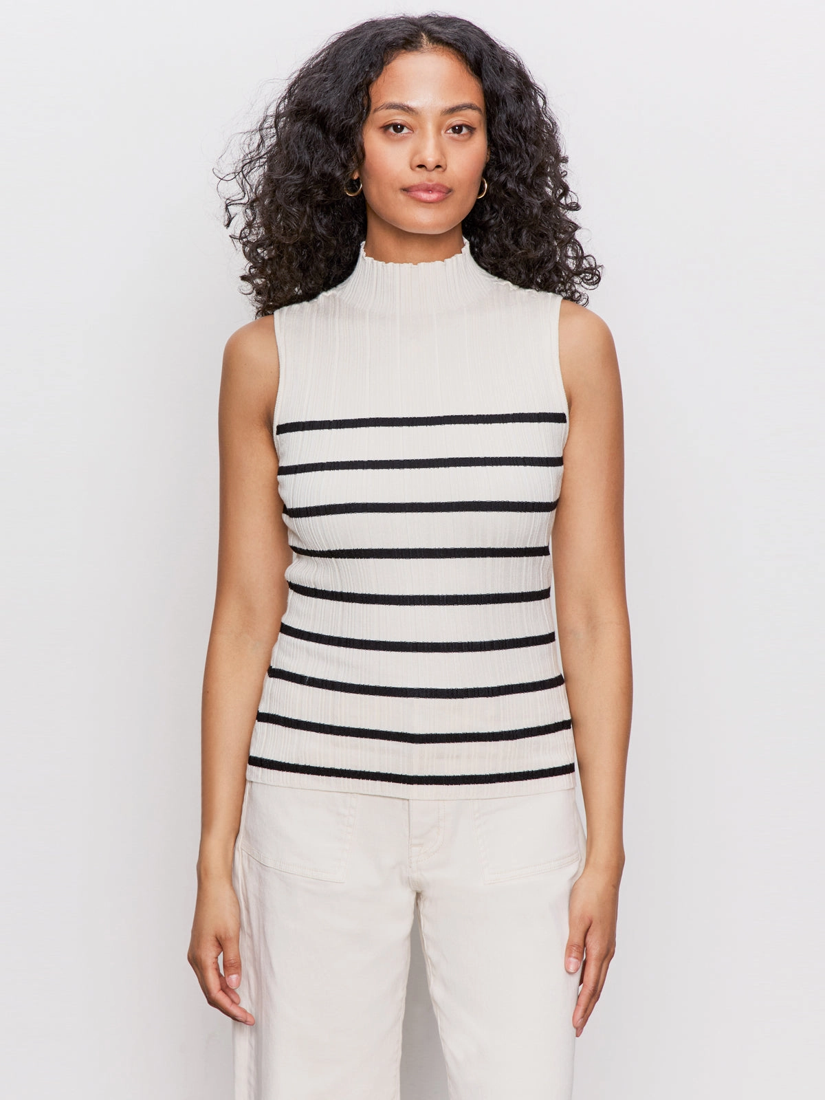 Ribbed Funnel Neck Top Light Oat/Black Versatile Knit