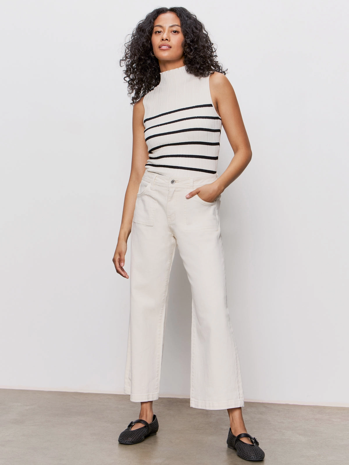 Ribbed Funnel Neck Top Light Oat/Black Versatile Knit