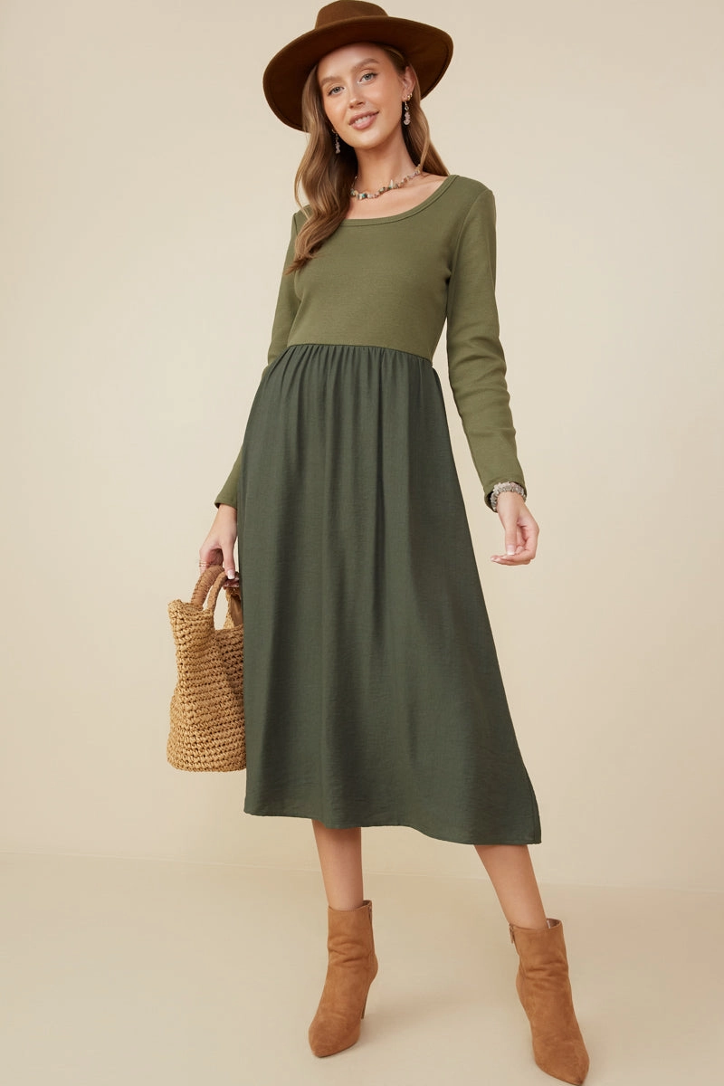Chic casual Ribbed Knit Mixed Media Scoop Neck Dress