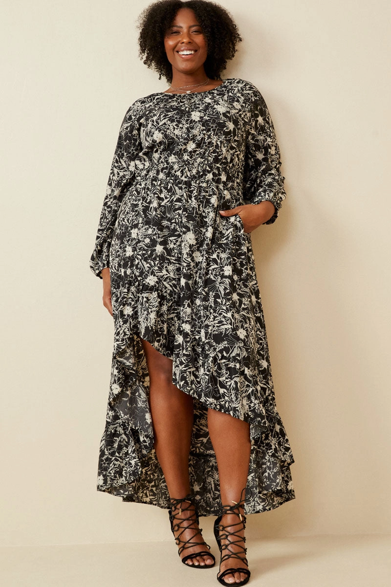 One Tone Floral Print Asymmetric Hem Maxi Dress Abstract Pattern