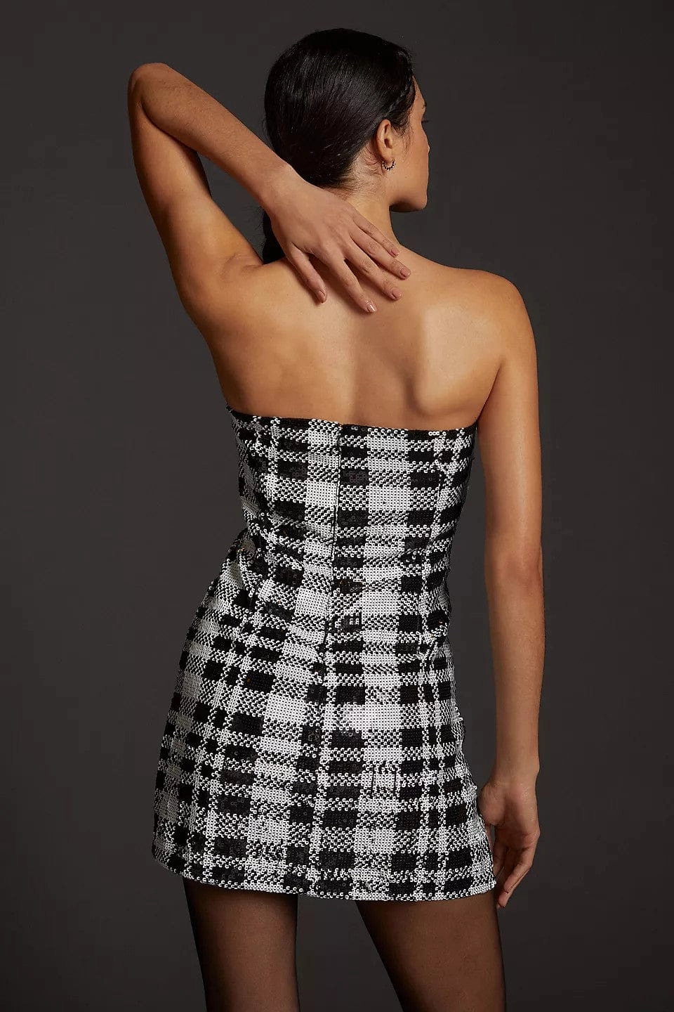 Ribbed Knit Sequined Plaid Mini Dress