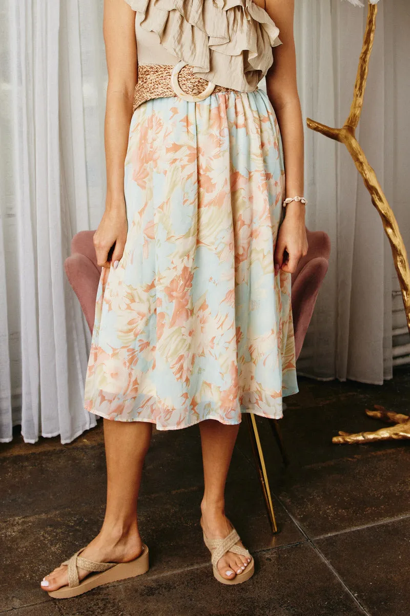 Cropped hem Basic Utility Romantic Floral Elastic Waist Skirt