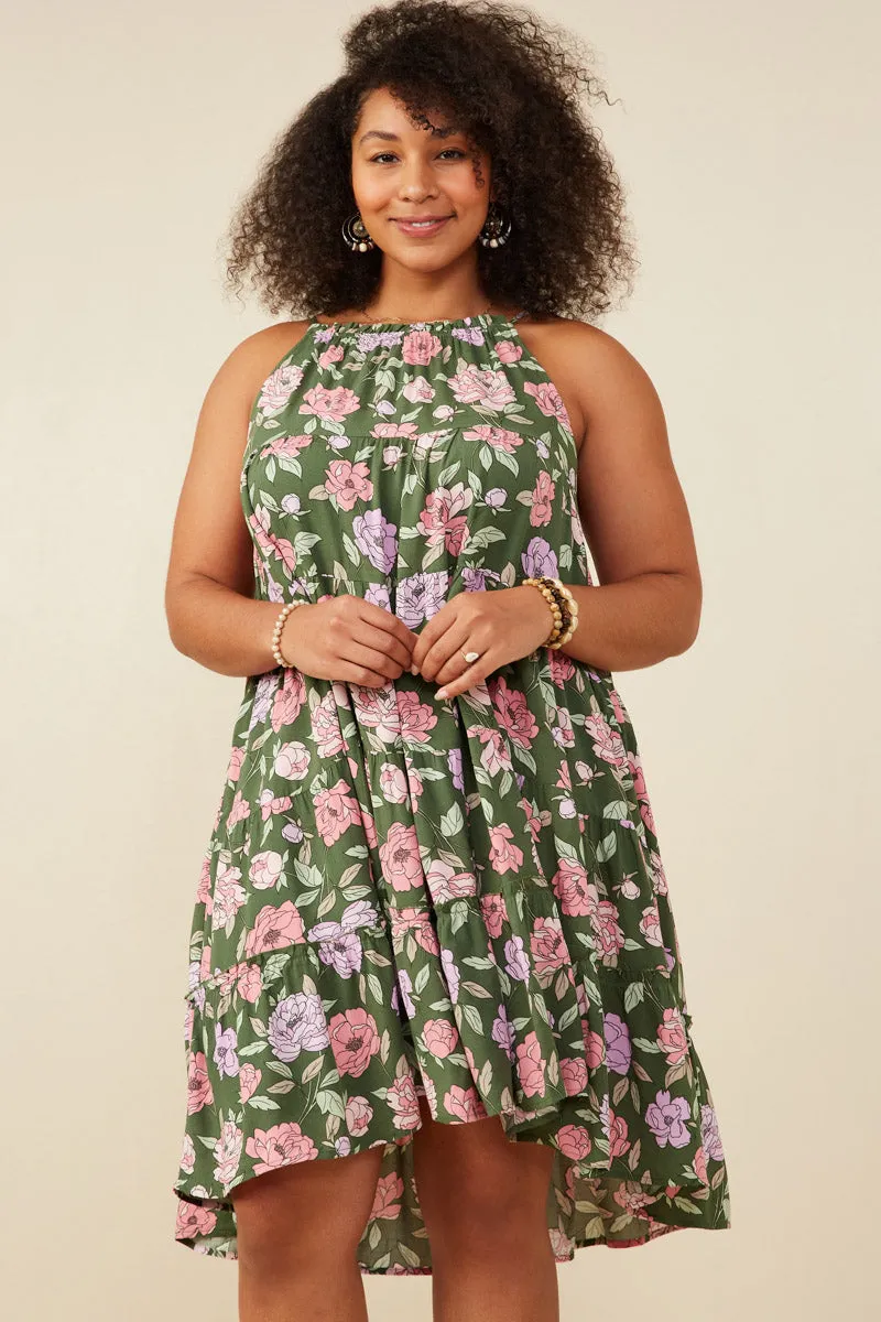 effortless grace Silky Movement Romantic Floral Halter Neck Tiered Midi Dress