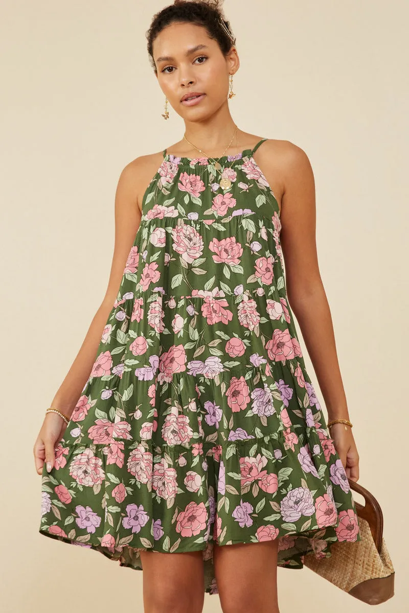 Romantic Floral Halter Neck Tiered Midi Dress Glam Feel