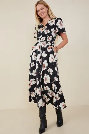 Glossy Detail Romantic Floral Smocked Waist Slit Detail Dress