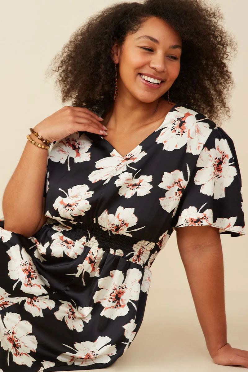 Fold-Over-Detail Romantic Floral Smocked Waist Slit Detail Dress