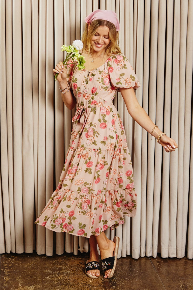 Romantic Floral Button Detail Belted Dress Playful Twist