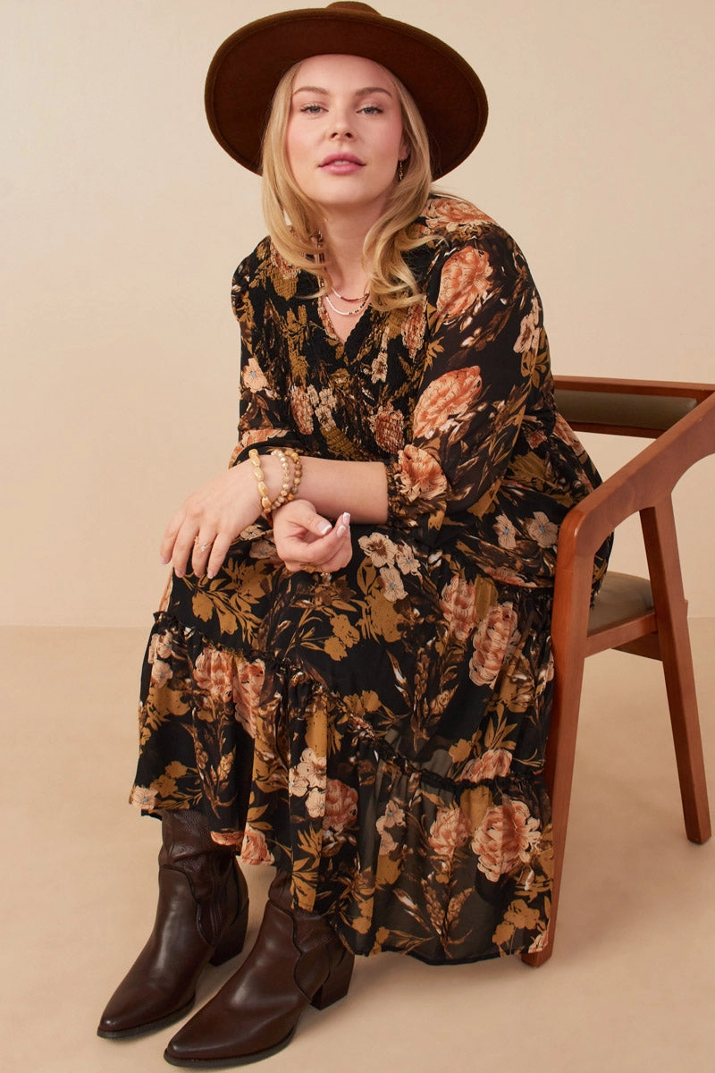 Pure Vibes Romantic Floral Panel Smocked V Neck Dress