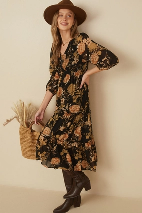 Romantic Floral Panel Smocked V Neck Dress City Rhythm Linen-Blend