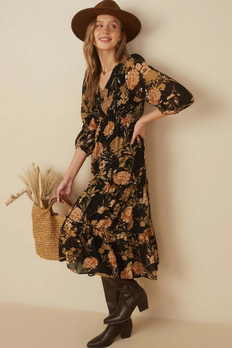 Romantic Floral Panel Smocked V Neck Dress hypoallergenic
