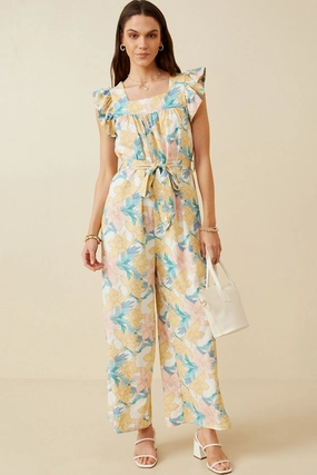 Street Ready Simple Shape Romantic Floral Ruffle Detail Wideleg Jumpsuit
