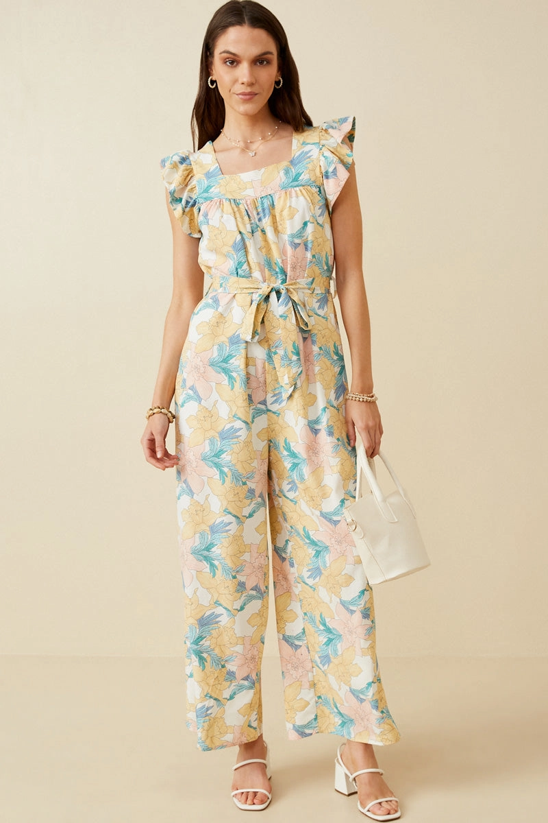 Nature Inspired Sleek Cut Romantic Floral Ruffle Detail Wideleg Jumpsuit