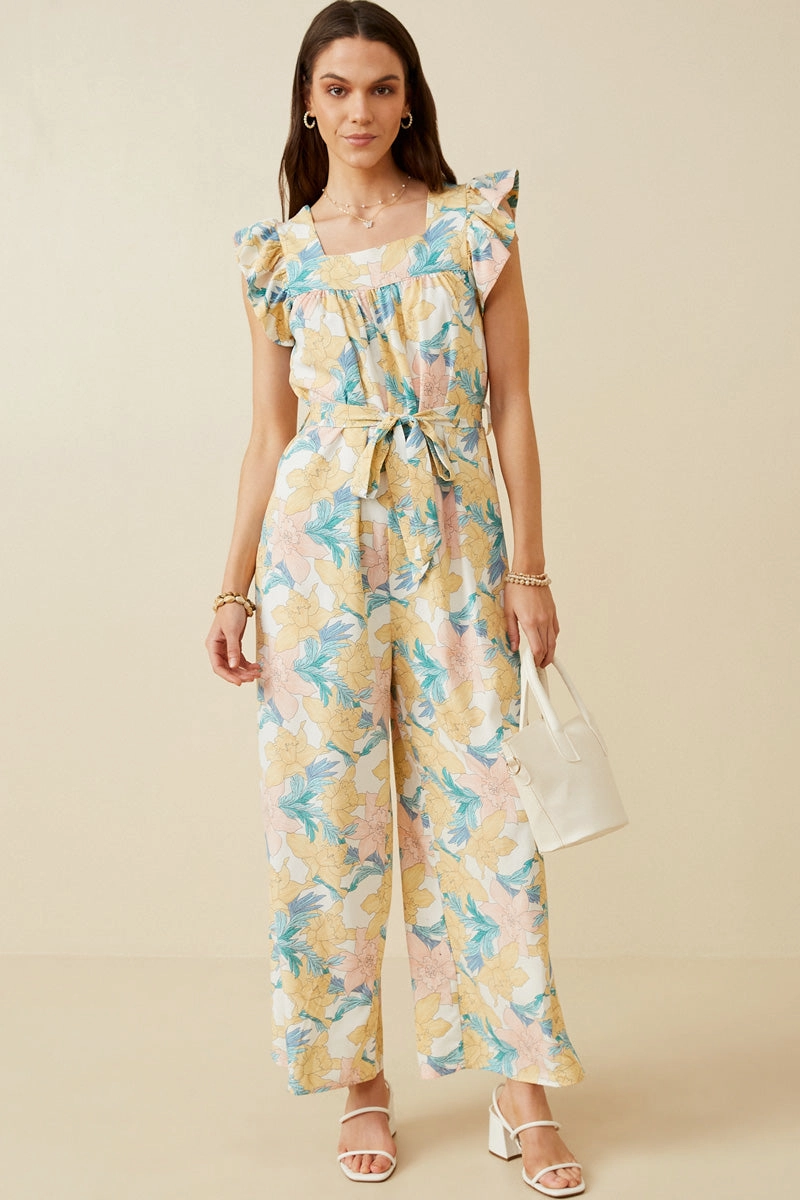 Stylish day dress Body Fit Romantic Floral Ruffle Detail Wideleg Jumpsuit