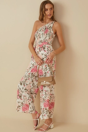 Romantic Floral Smocked One Shoulder Jumpsuit Chill Design breathable-mesh