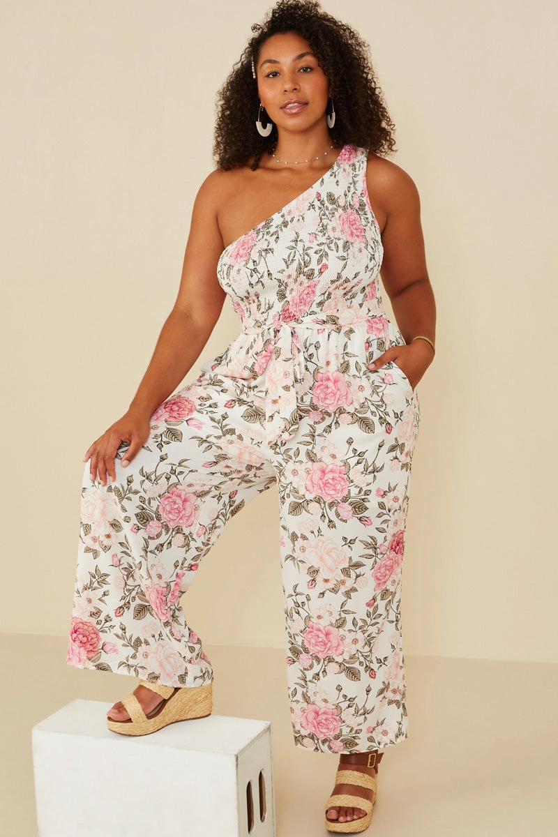 Romantic Floral Smocked One Shoulder Jumpsuit Recycled-Material Smart Layers