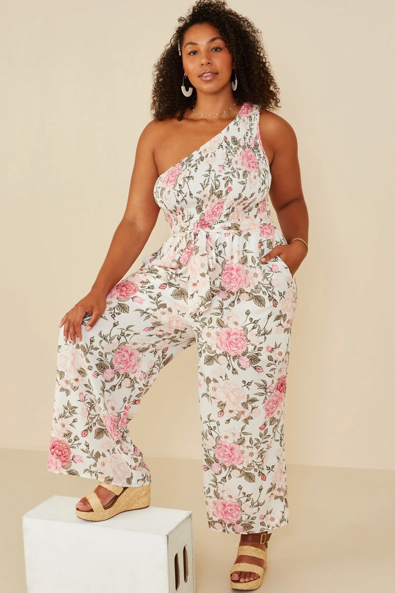 Romantic Floral Smocked One Shoulder Jumpsuit Fitted Mood Trend Look