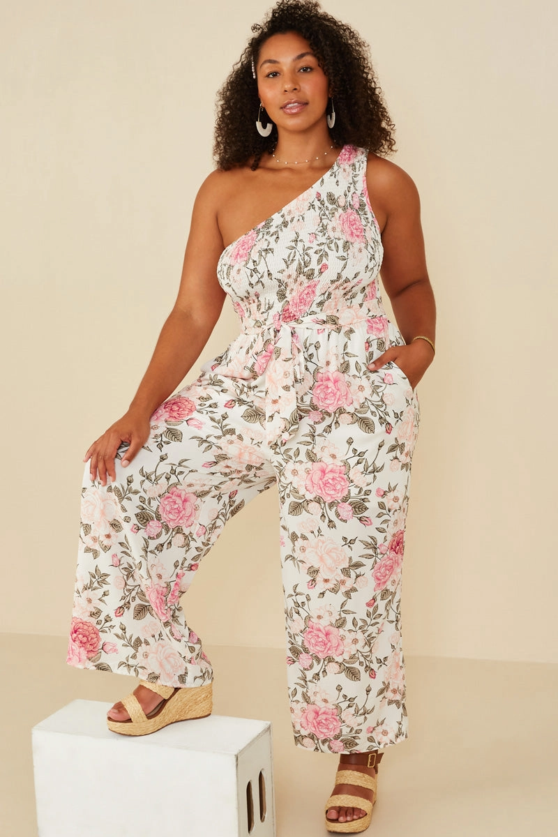 Global Style Romantic Floral Smocked One Shoulder Jumpsuit