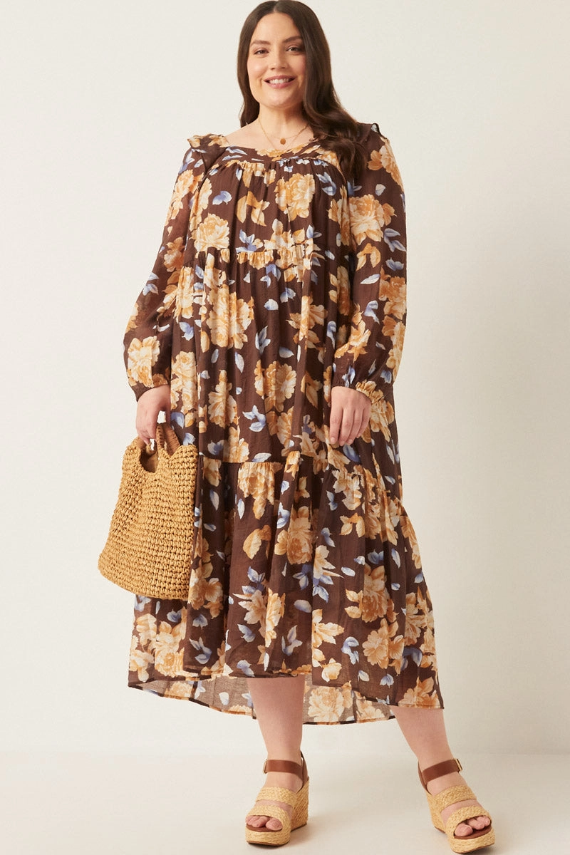 Curve-Enhancing Subtle Texture Romantic Floral Square Neck Long Sleeve Dress