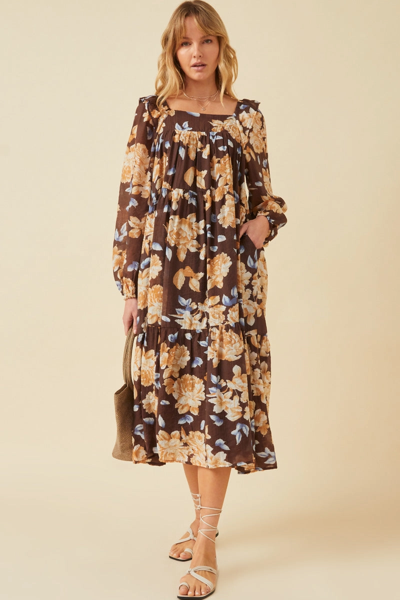 Season Ready Romantic Floral Square Neck Long Sleeve Dress