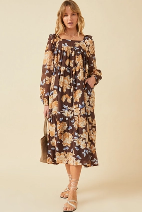 Season Ready Romantic Floral Square Neck Long Sleeve Dress