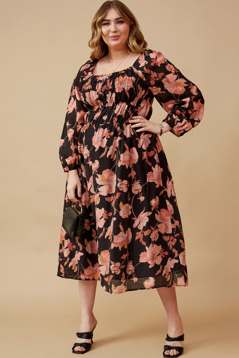 Convertible-Style Autumn Ready Romantic Floral Square Neck Peasant Smocked Dress