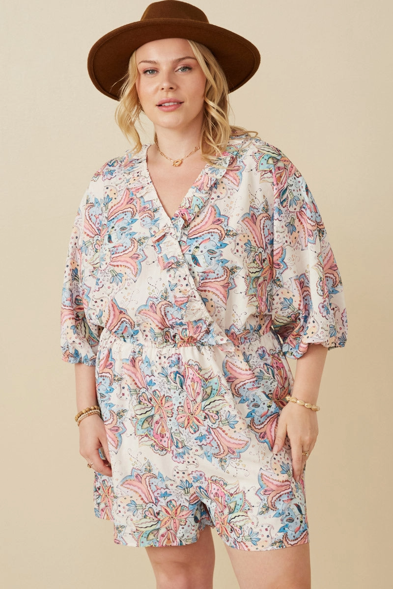 Hidden Pocket Snap-Closure Textured Paisley Floral Ruffled Surplice Romper