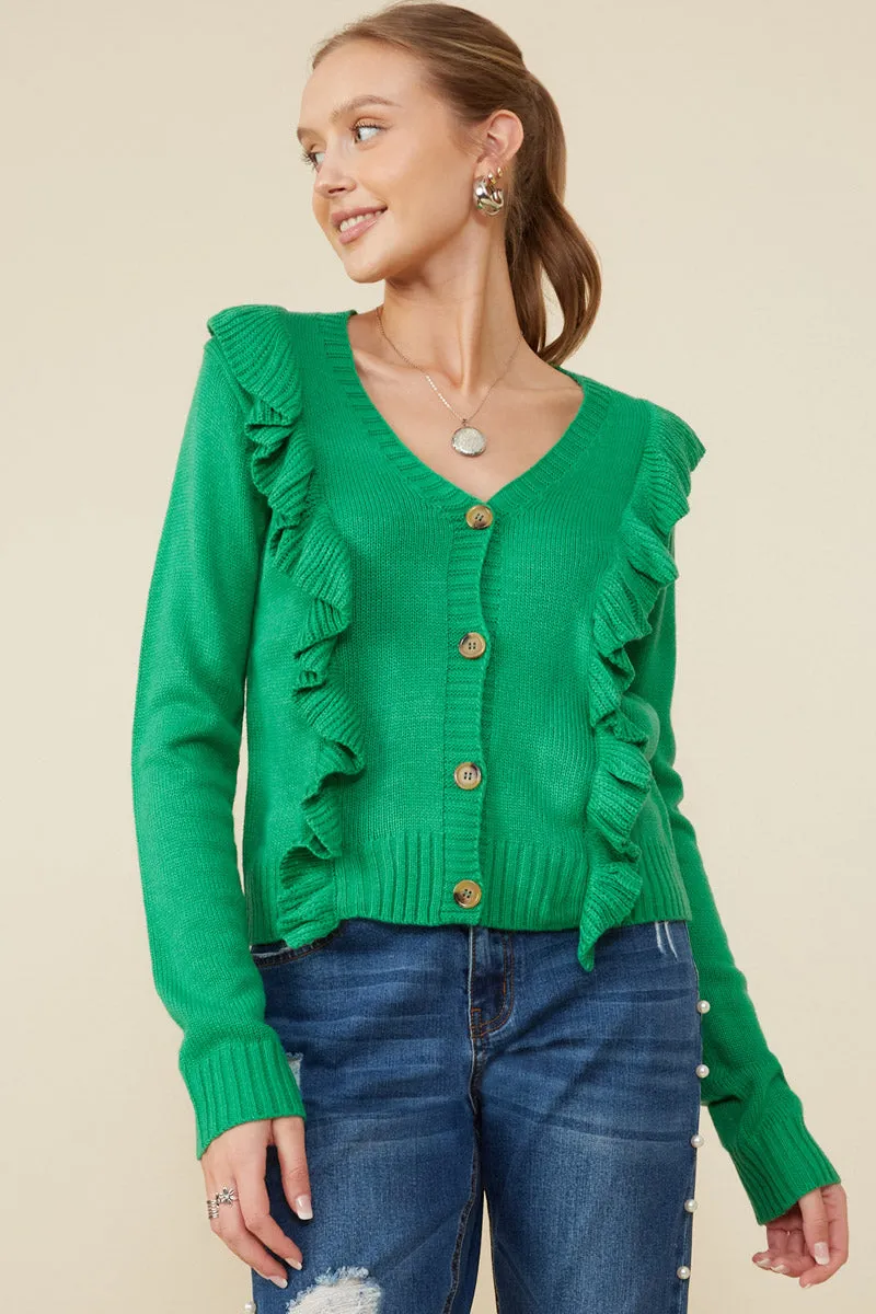 Single Breasted Street Comfort Fit Ruffle Detail Buttoned Sweater Cardigan