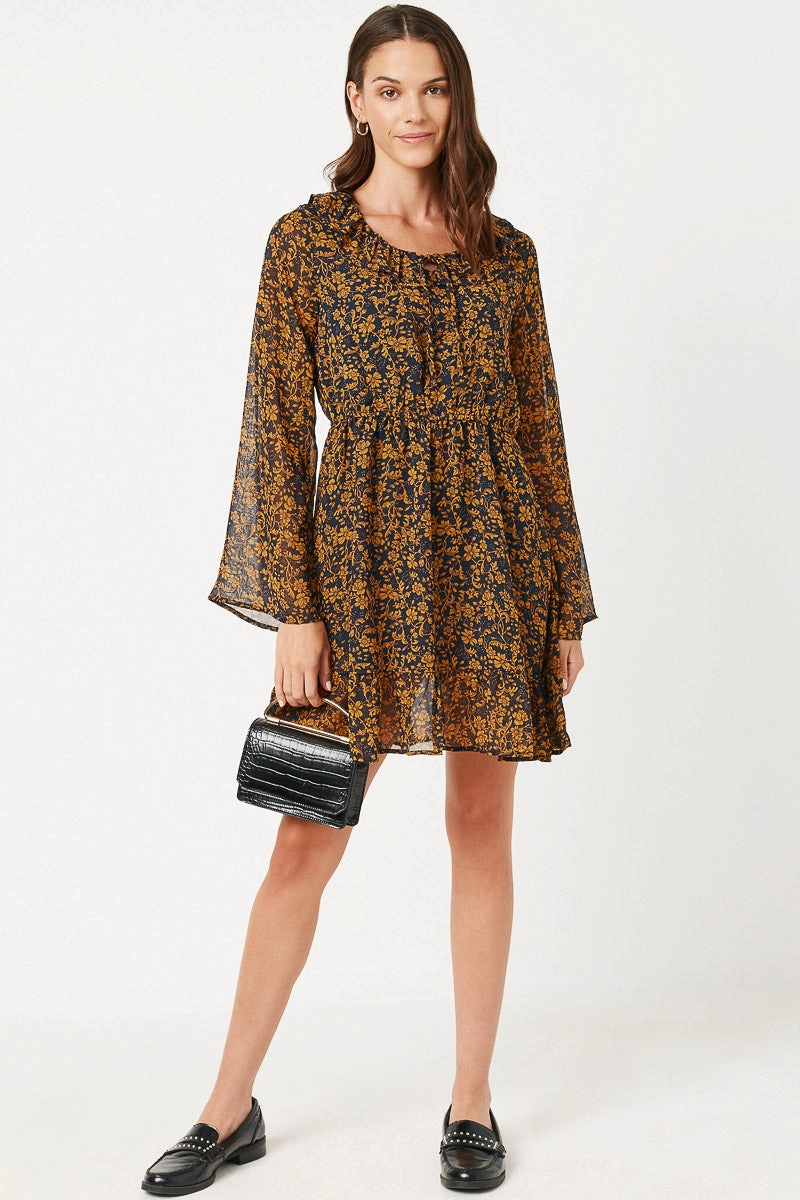 Summer Ease Dinner Outfit Ruffle Collar Long Sleeve Chiffon Dress