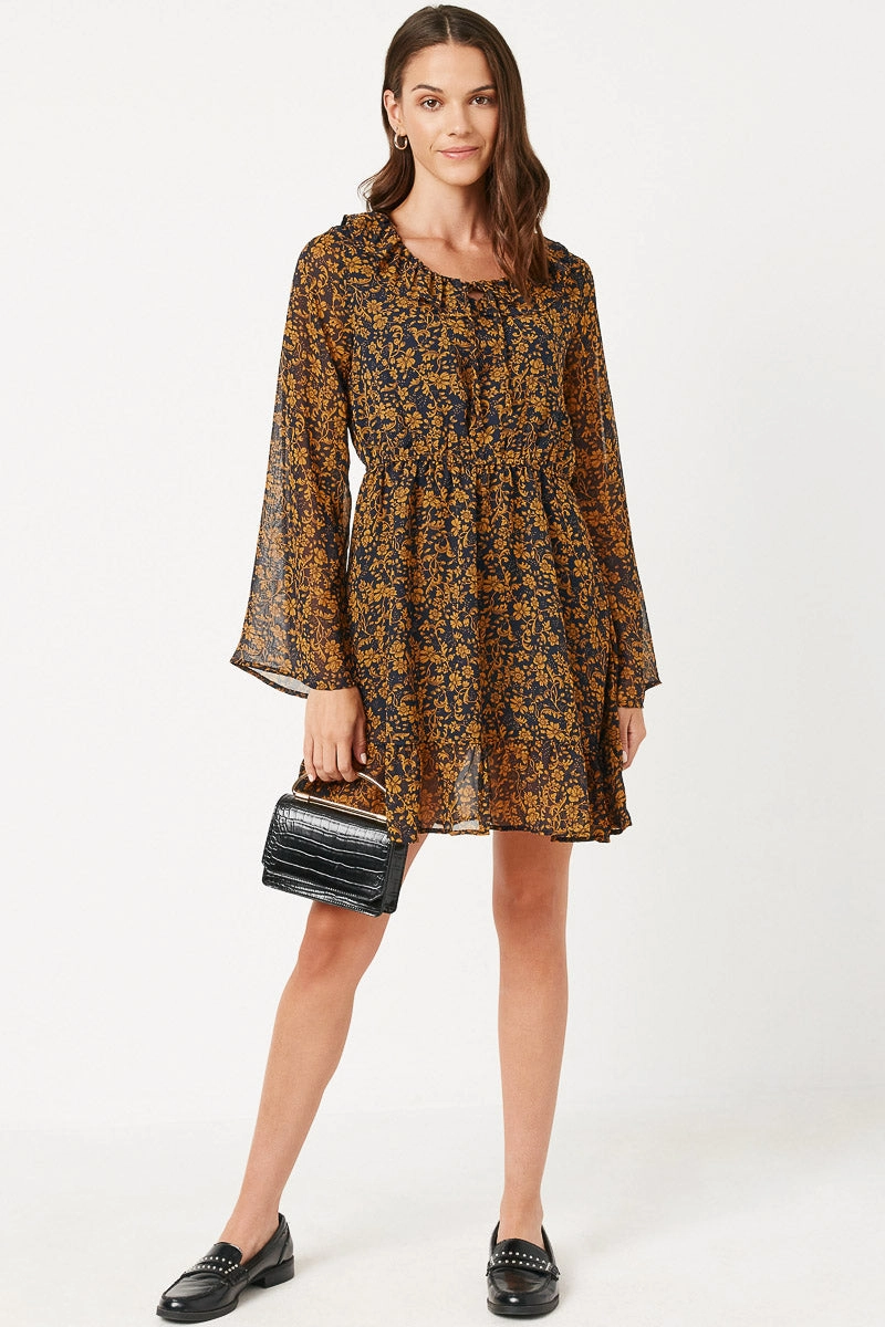 Ruffle Collar Long Sleeve Chiffon Dress Low-Waist