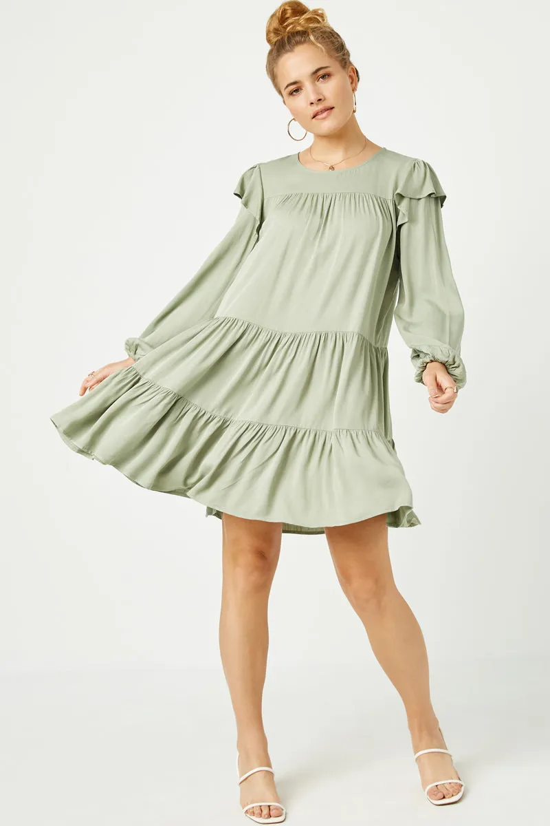 High Cut Ruffled Shoulder Long Sleeve Dress
