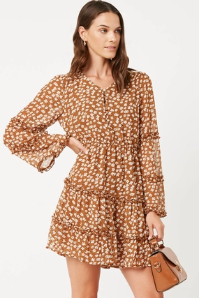 Relax Form Soft Mesh Ruffled Detail Floral Trumpet Sleeve Dress