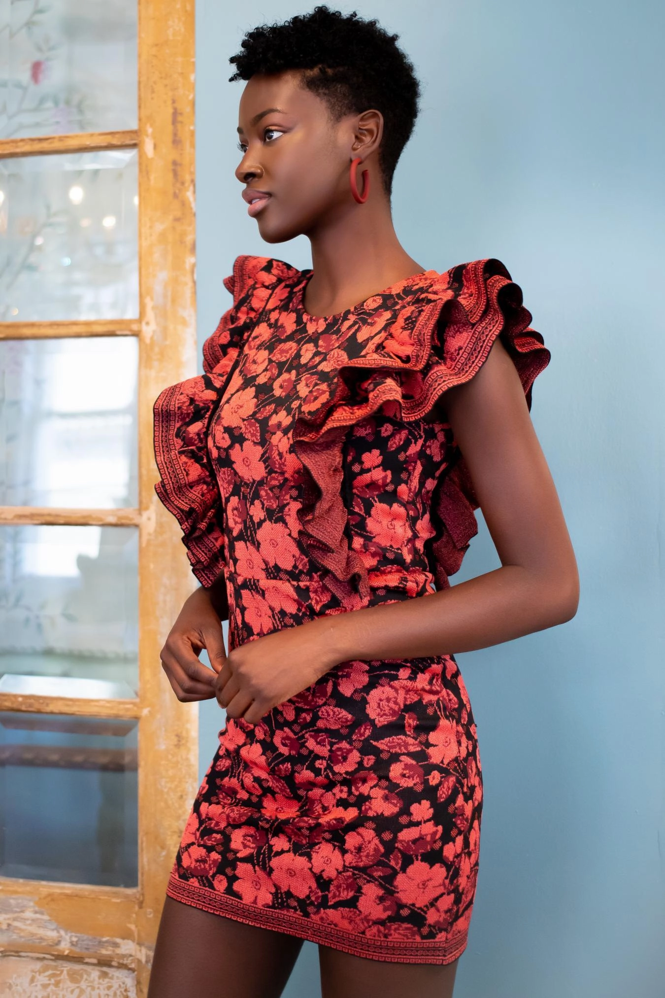 Ruffled Mini Sweater Dress Cascade Ruffle