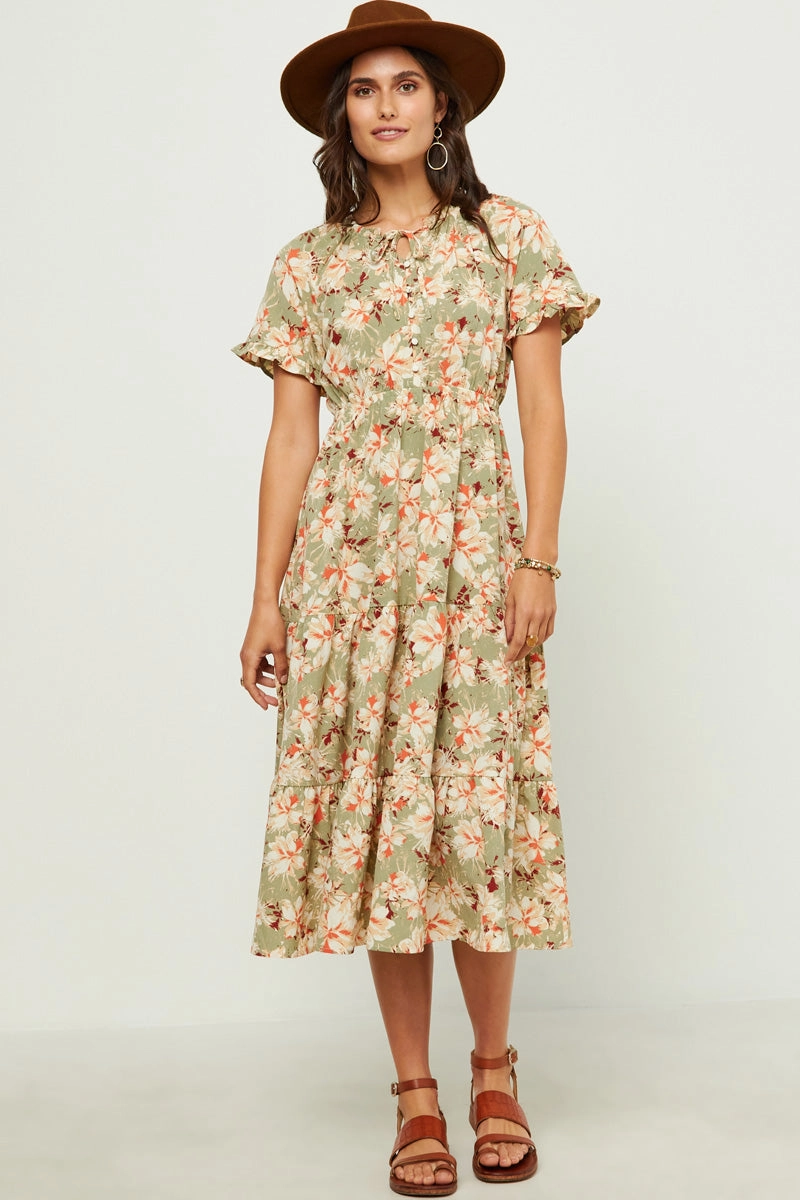 Summer Soft Moment Glow Ruffled Tie Neck Cinch Waist Floral Print Dress