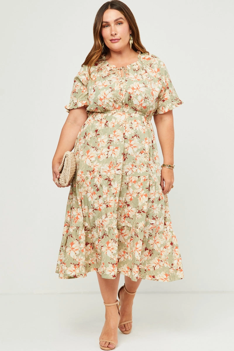 Ruffled Tie Neck Cinch Waist Floral Print Dress Smart Vibes Walkable Flow
