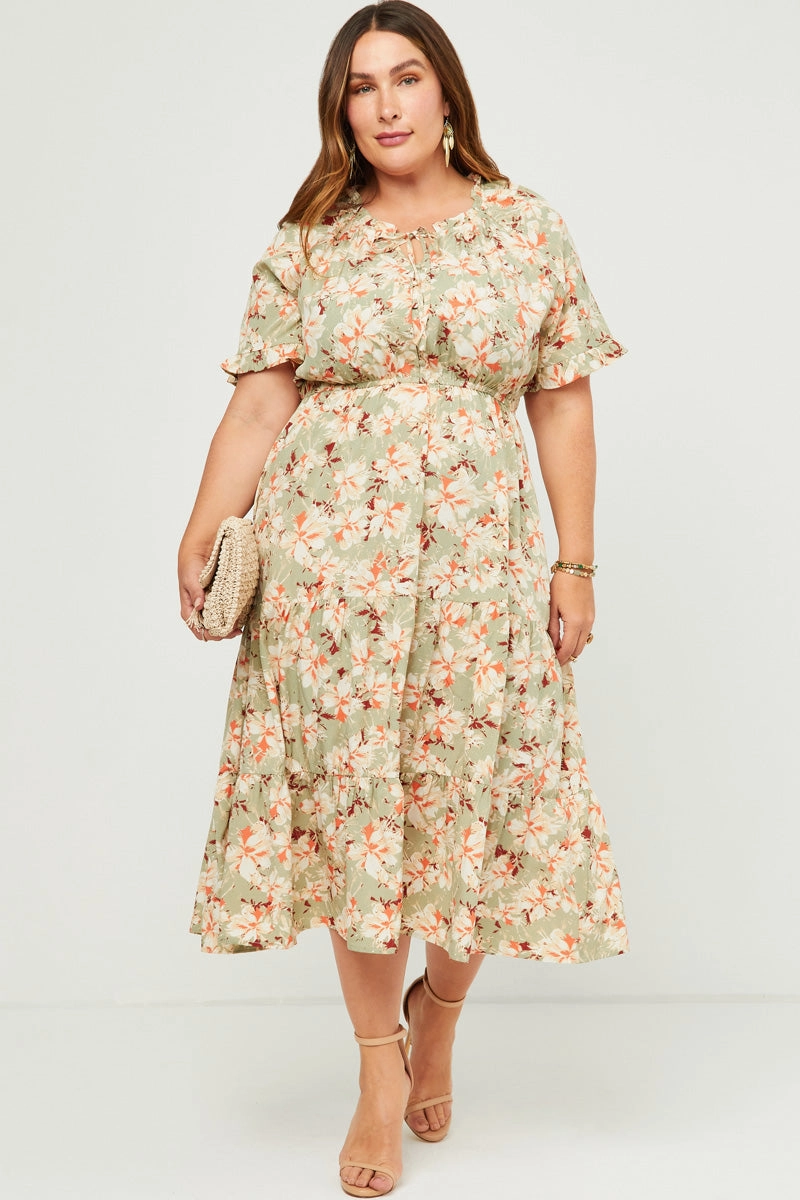 Subtle Glow Subtle Flex Ruffled Tie Neck Cinch Waist Floral Print Dress