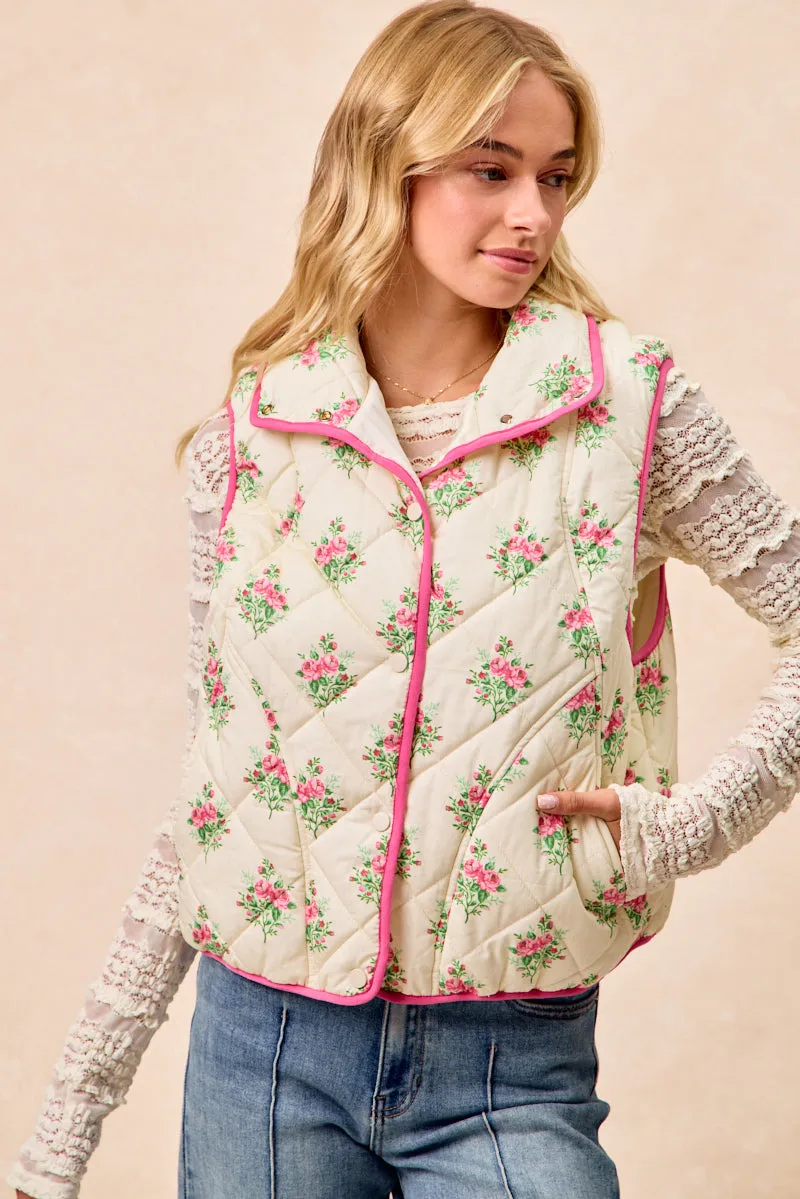 IP6755G-11 | FLORAL PRINT PIPING DETAIL QUILTED VEST Lightweight Feel Urban Comfort