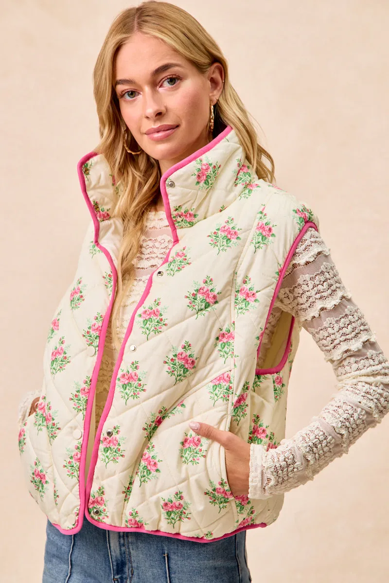 IP6755G-11 | FLORAL PRINT PIPING DETAIL QUILTED VEST clean design Office Wear