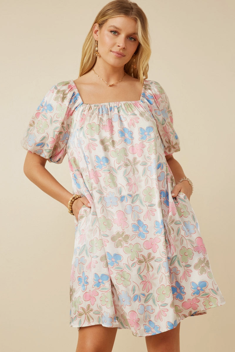 Transitional Style Neutral Feel Floral Puff Sleeve Foiled Dress