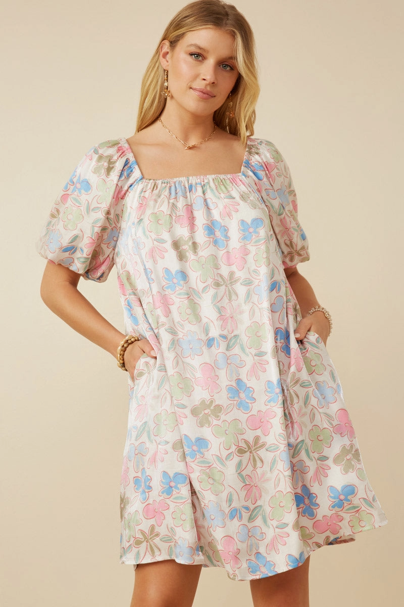Floral Puff Sleeve Foiled Dress Gentle Texture