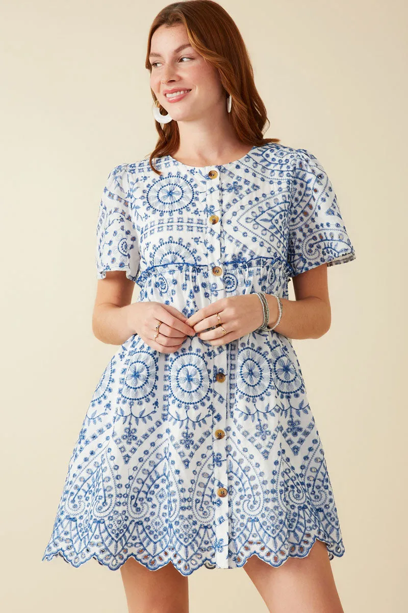 Eyelet Embroidered Button Down Scallop Hem Dress Easy Fit