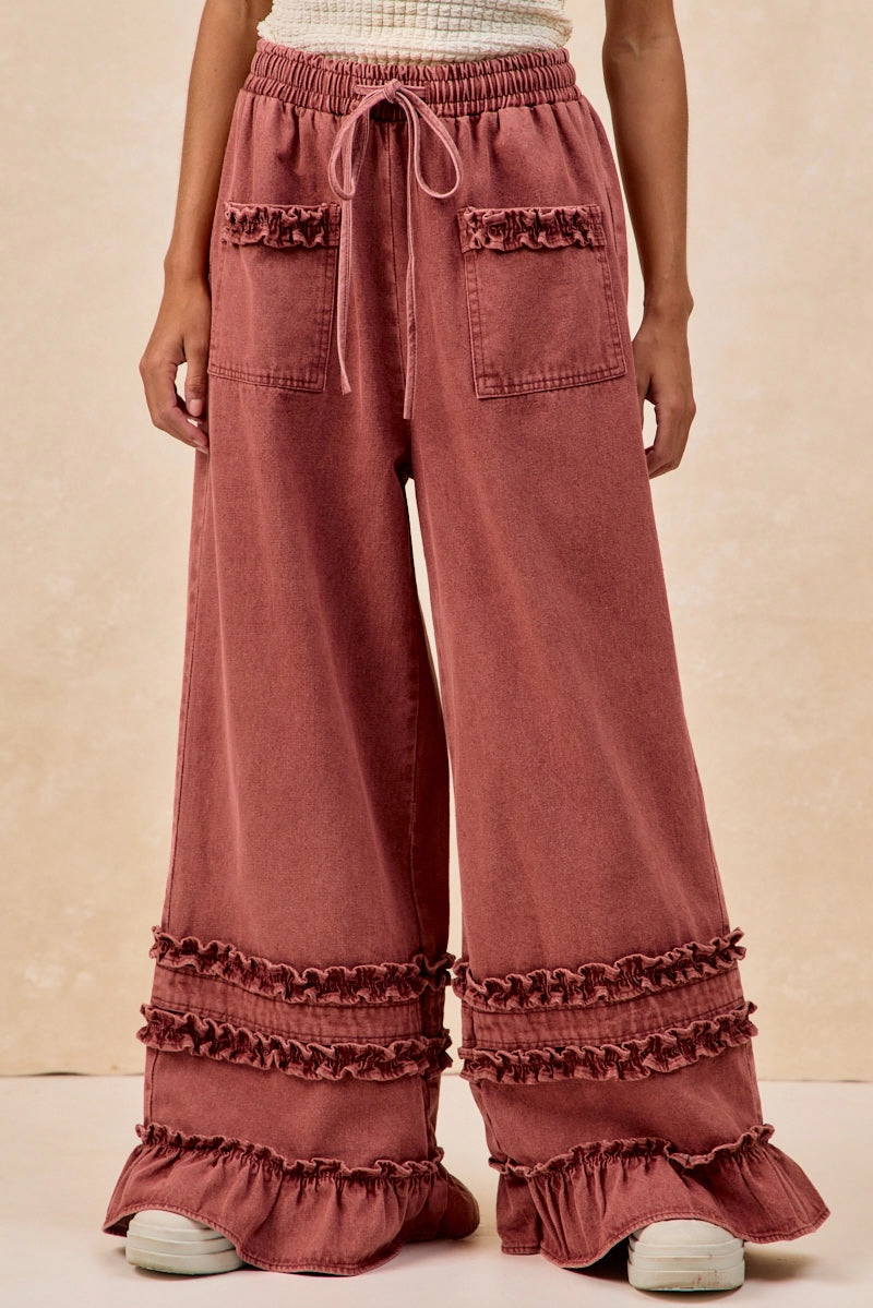 IB1853H-01 | WASHED DENIM WIDE PANTS WITH RUFFLED DETAILS One-Shoulder